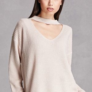 Cream cotton v neck cut out sweater